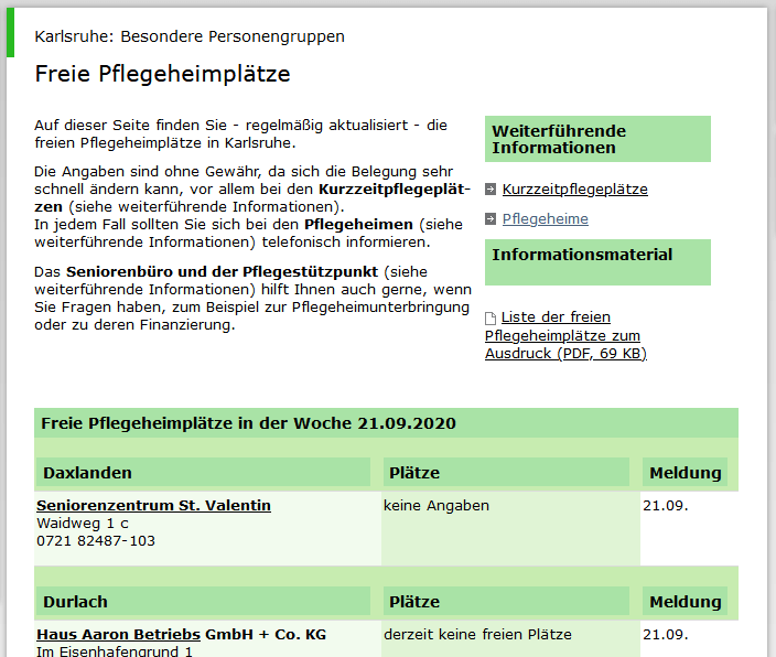 Freie Pflegeheimplätze - Screenshot der Webseite der Stadt Karlsruhe