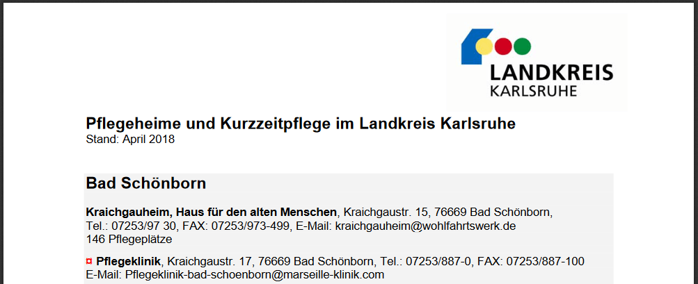 Pflegeheime im Landkreis Karlsruhe - Screenshot des PDFs des Landratsamts Karlsruhe