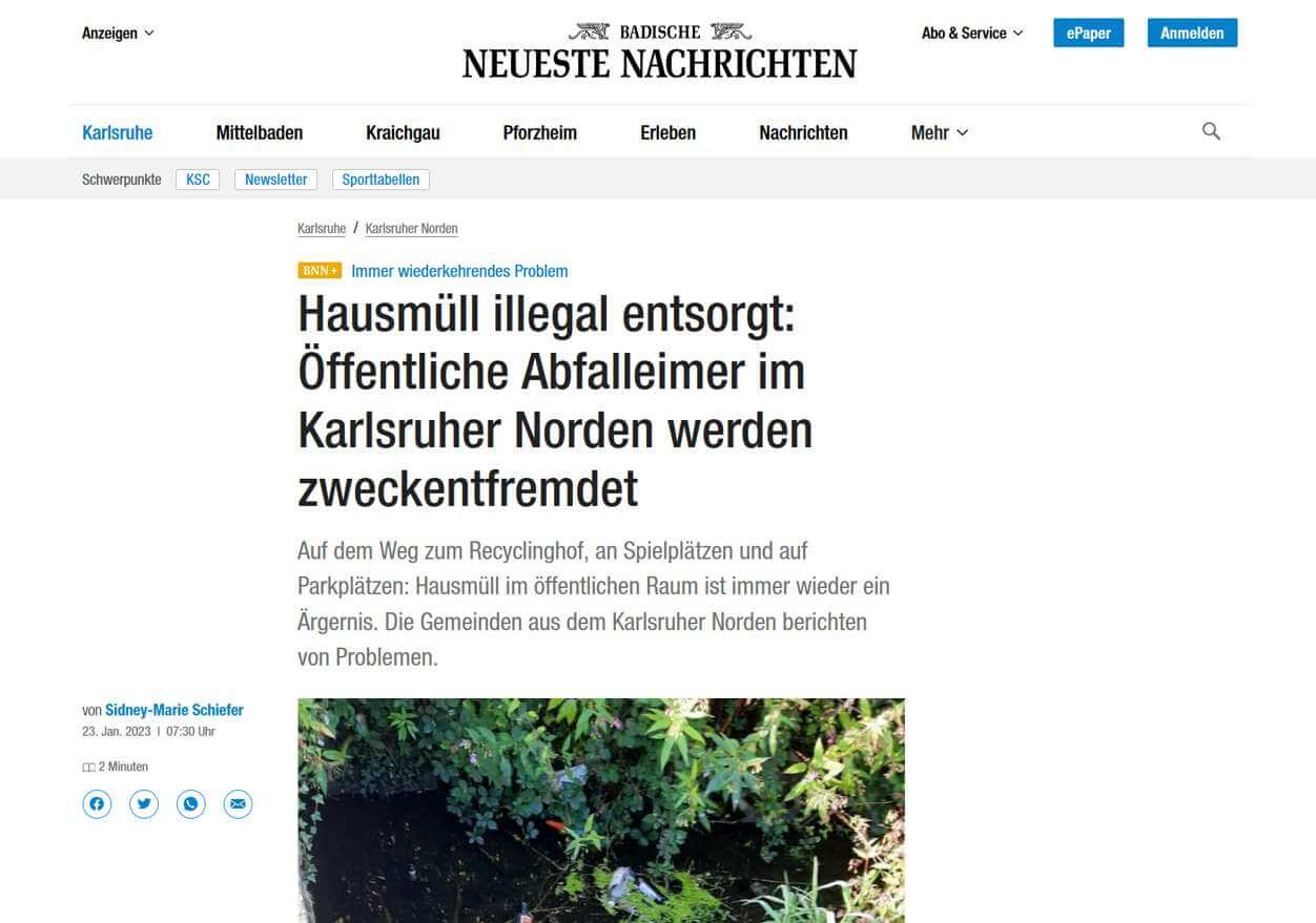 BNN-Artikel: Hausmüll illegal entsorgt: Öffentliche Abfalleimer im Karlsruher Norden werden zweckentfremdet